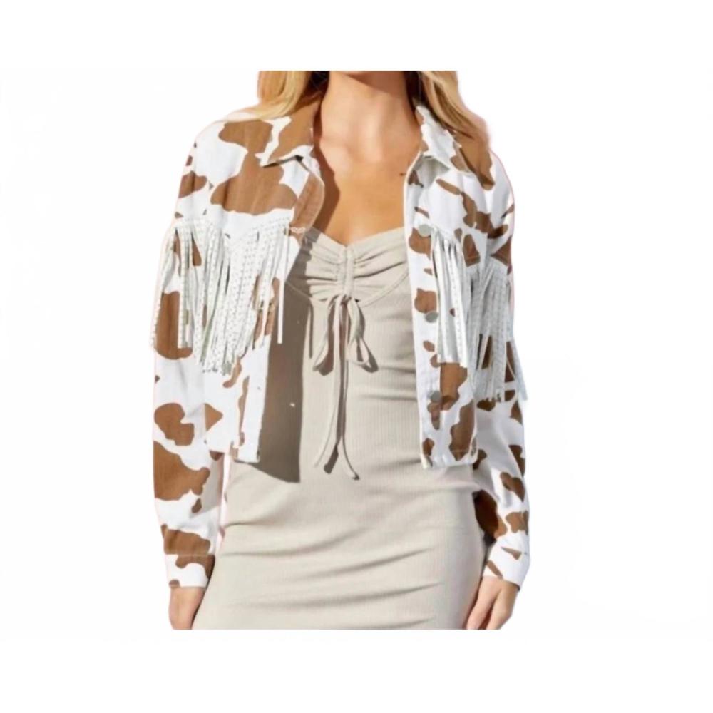 NEW BAEVELY BY WELLMADE midnight rodeo cow print tassel denim jacket in brown/wh